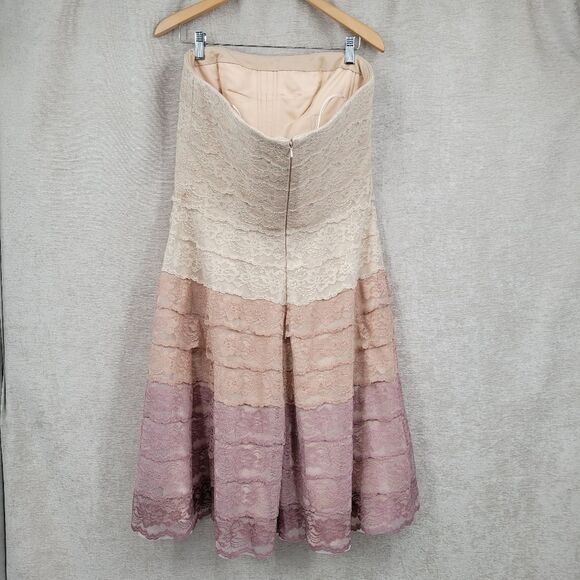 Carmen Marc Valvo Strapless Lace Dress in Cream Pink Mauve Ombre Midi Length - Picture 8 of 15